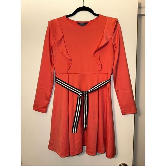 Polo Ralph Lauren Girls Coral Ruffle Nautical Belted Dress XL NWT
